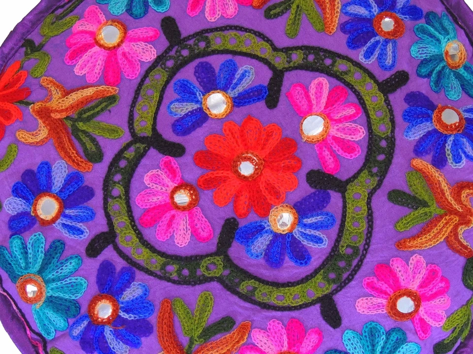 Purple Round Pouf Footstool Cover Floral Embroidered Ottoman Slipcover 16" - Image 3 of 3