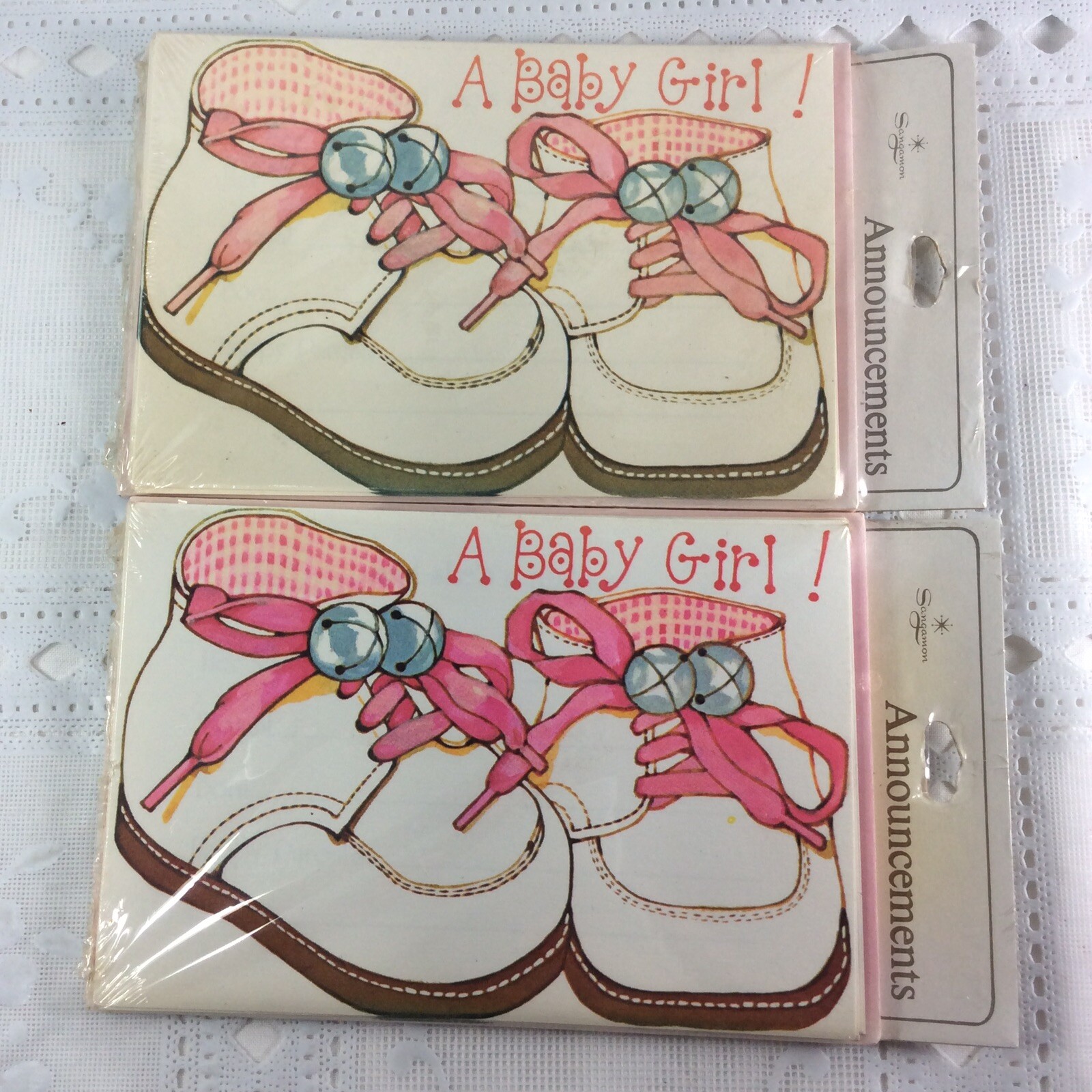 Vintage It&rsquo;s a Girl Baby Announcement Cards 2 Pack of 8 each Baby Pink Shoes