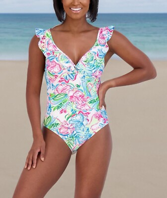 Stella Parker Ruffle Maillot One Piece Swimsuit Tummy Control Floral Tropical M