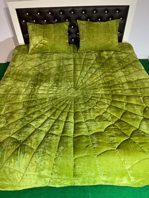 Olive Green Velvet Quilt Comforter Spider Bedspread Blankets Bedding set & Size.