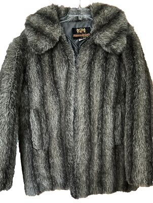 Vtg Hansa Branta Goose Down Faux Fur Striped Coat Jacket Large Gray/Brown Eskimo