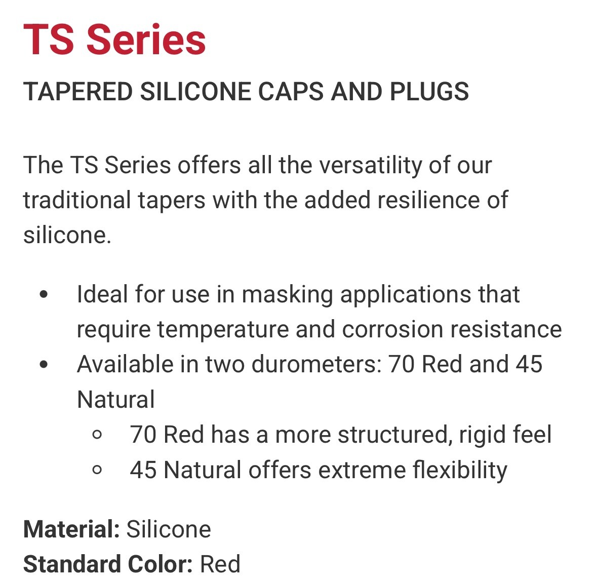 100-CAPLUGS TS-9 SIL RED 70-DURO 5/8-3/4” Tapered High Temp Silicone Rubber Plug