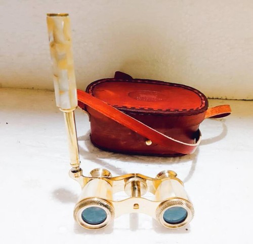 Binoculars Brass Mother Of Pearl Nautical Handmade Marine With Leather Box Gifts - Picture 2 of 9