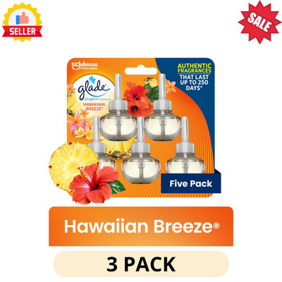 3 Pack Glade PlugIns Oil Refill 5Count Hawaiian Breeze Air Freshener Scented Oil