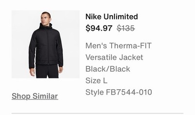 Men s Black Nike Unlimited Therma-Fit Insulated Jacket Large L