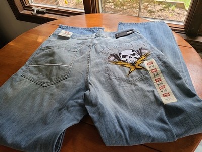 NWT Ecko Unlimited Jeans Men 36 Blue Baggy Skull Flag Logo