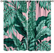 Tropical Palm Leaf Curtains Banana Leaves Theme Green Pink Curtain with Rod P...