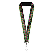 Buckle-Down Lanyard, Smiley Faces Melted Mini Repeat Black Multi Neon, Elastic