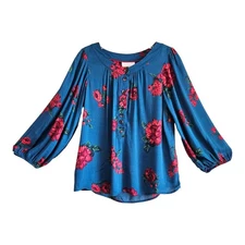 ANTHROPOLOGIE Maeve XS Kalas Blouse Top 1/2 Buttons Dark Turquoise Red Floral 38