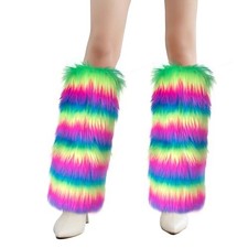 Womens Furry Leg Warmers Winter Faux Fur Boot One Size Rainbow-knee High