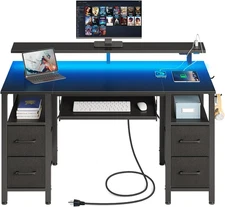 47.2" Computer Desk with LED, Power Outlets & 4 Drawers - Black Home Office Desk