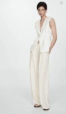 NWT Mango Premium Off-White Wide-Leg Pleated Linen Blend Trousers Size EUR 38 US
