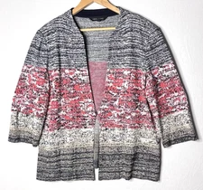 Ming Wang Cardigan Jacket Sz L Black Red 3/4 Sleeve Print Career Classic Office