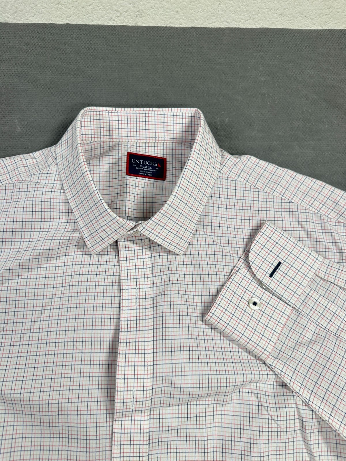 UNTUCKit Wrinkle Free 100% Cotton Checkered Button Down Shirt Mens XL Red Blue