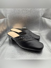 Black Low Block Heel Cutout Slip-On Mules leather