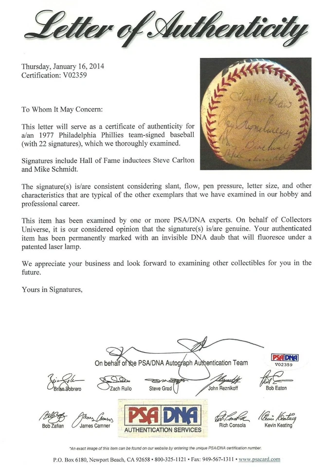1977 Phillies Team 22x Signed Baseball PSA/DNA LOA Tim McCarver Tug McGraw + HOF - Image 2 of 4