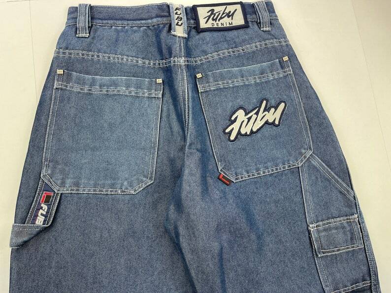 FUBU jeans, shiny blue, vintage baggy, silver metallic, 90s FUBU jeans, shiny blue, vintage baggy, silver metallic, 90s