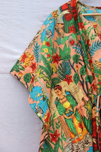 Frida Kahlo bedruckter Baumwollkaftan Damen langer Poncho Kleid Strandmode So... - Bild 3 von 5