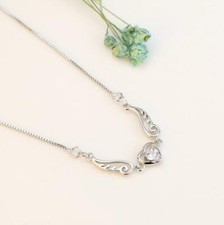Angel Wing Love Heart Pave Cubic Zirconia Silver SP Pendant Chain Necklace