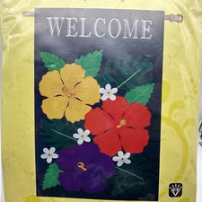 Evergreen WELCOME Floral Decorative House Flag Hibiscus Garden House Flag 28x44”