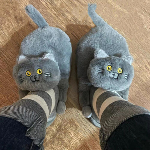 Hugging Cat Slippers Kawaii Anime Plush Pet Fur Women Men Winter Home - Picture 1 of 13