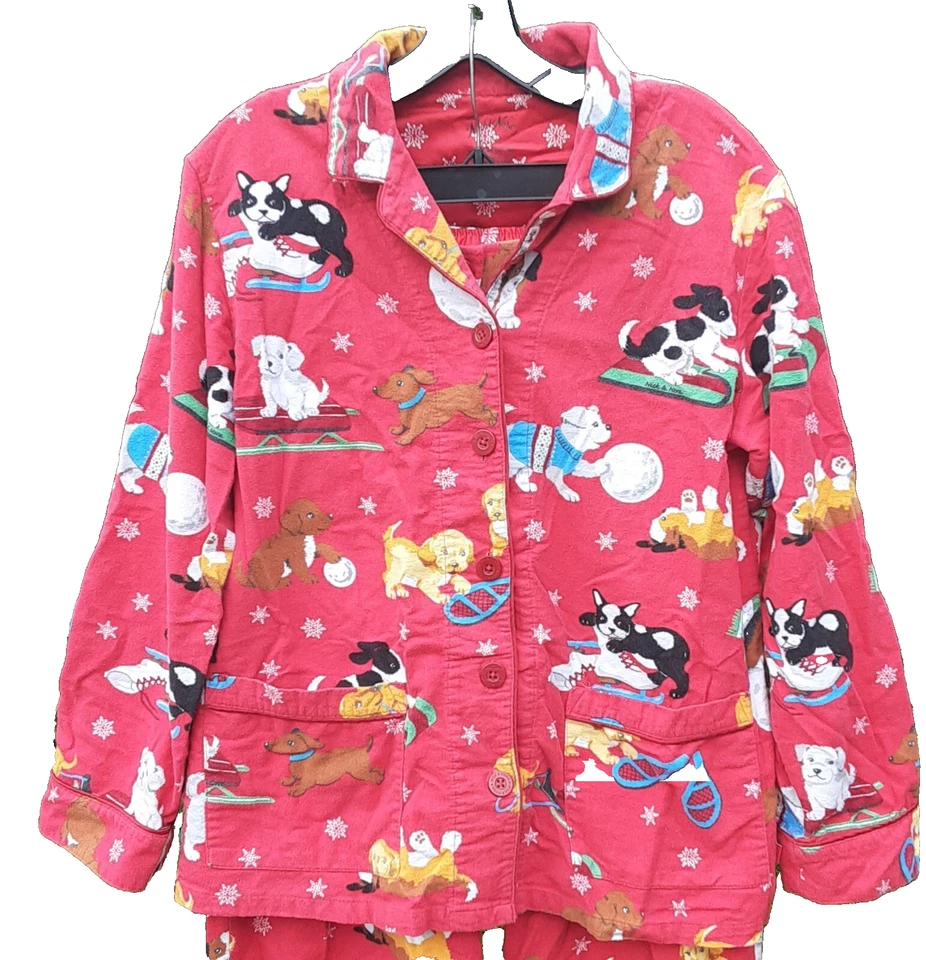 Nick & Nora Flannel Pajama Set Sledding hRed Holiday Winter Dogs Puppies Size M - Image 2 of 4