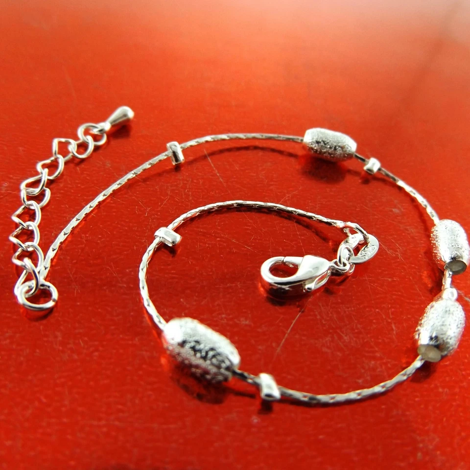 Anklet XL Bracelet Real 925 Sterling Silver S/F Solid Girls Bead Link Design - Imagem 2 de 3