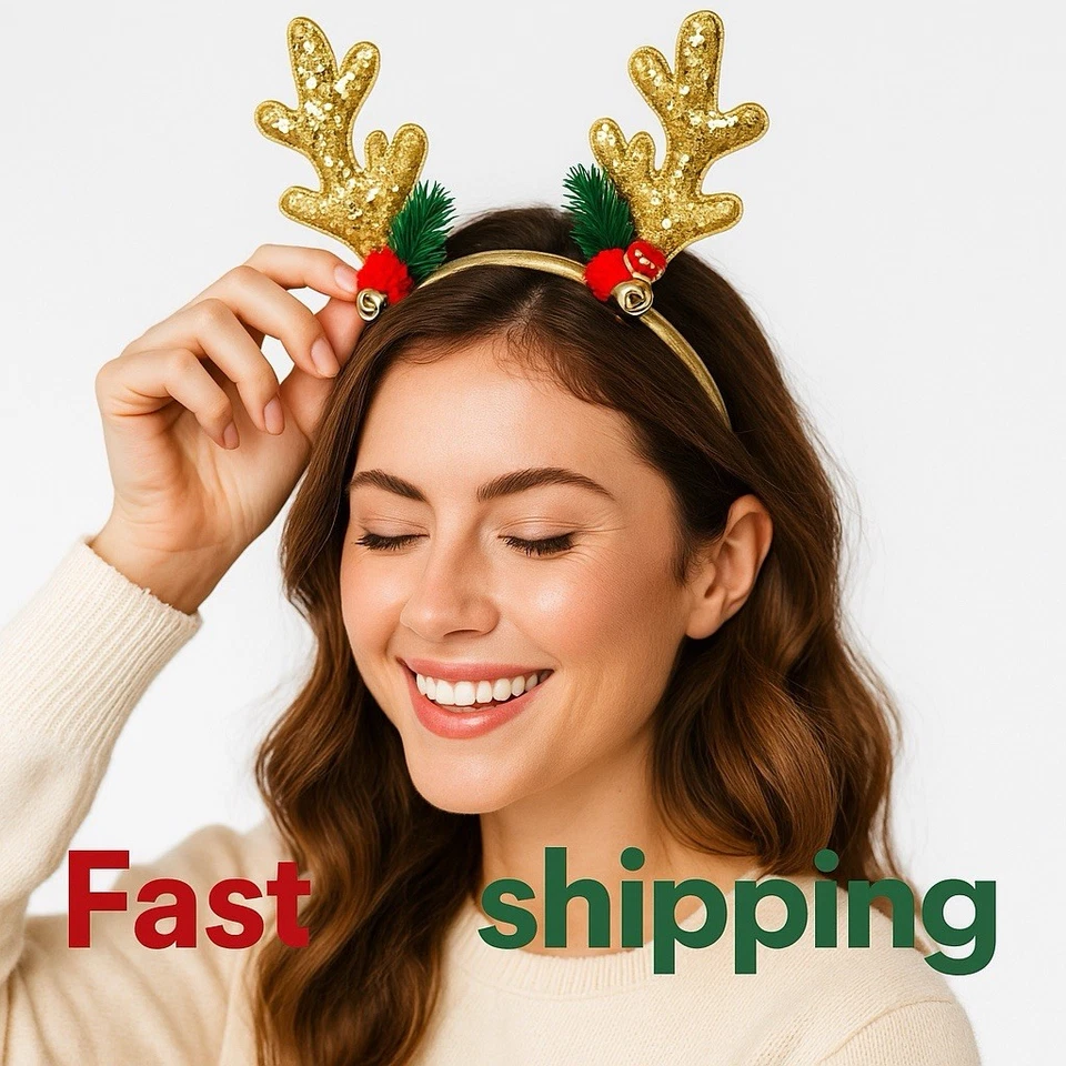 Gold Glitter Reindeer Antler Christmas Headband Holiday Party Hair Accessory - Image 2 of 4
