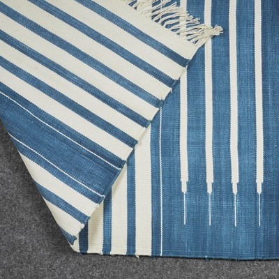 Handwoven Pitloom Cotton Rug 4x6 Blue White Striped Reversible Indian Dhurrie