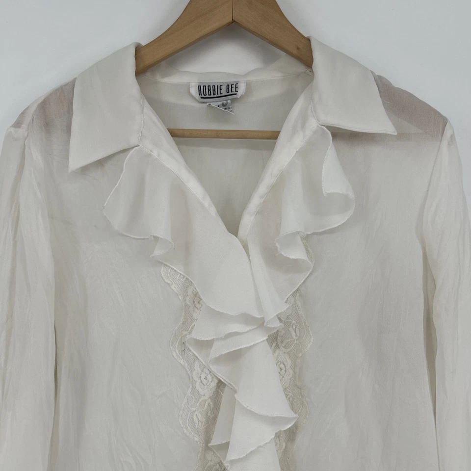 Blusa Robbie Bee vintage años 90 para mujer talla L volantes encaje gasa marfil romántica Foto 2 de 4