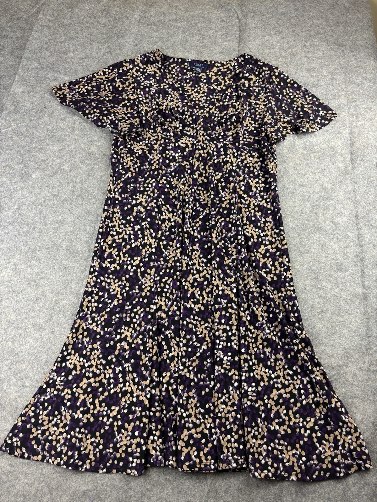 Chaps Women’s XL Flutter Sleeve V Neck Fit & Flare Dress Black Purple Jersey EUC