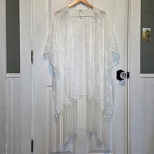 Lace Fringe Kimono White Floral Mesh Sheer S/M Boho Festival Hippie Bride Vacay