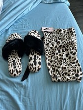 Victoria's Secret Women's Leopard Print Faux Fur Slide Slippers Black/Beige 9-10