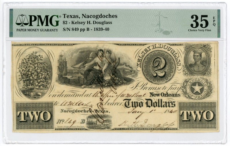 1840 $2 Kelsey H. Douglass - Nacogdoches, TEXAS Merchant Scrip PMG VF 35 EPQ