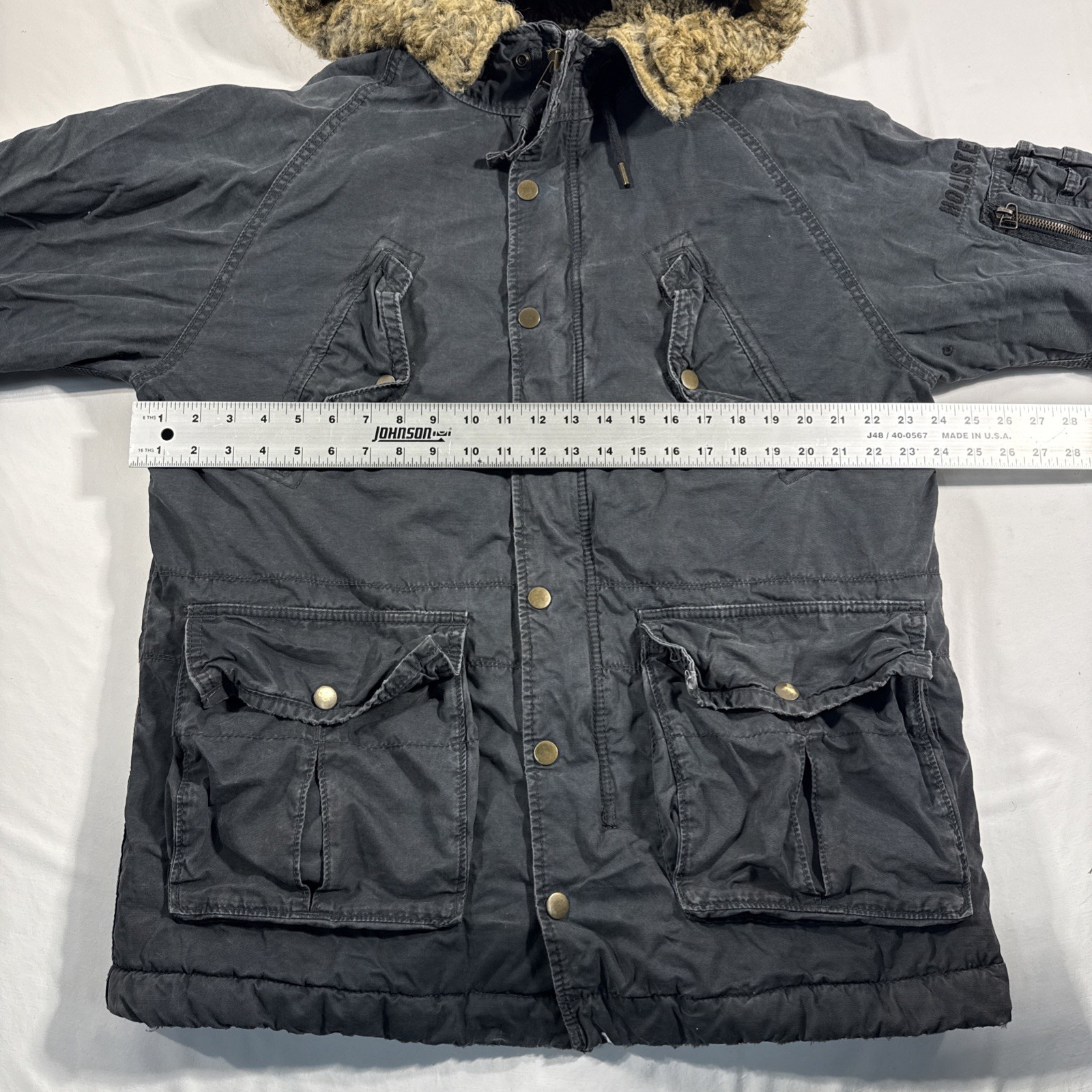 VTG Y2K Hollister Faux Fur Lined Hood Field Parka Jacket Navy Blue Large image 5