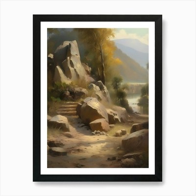 Waldsee, Vintage Ölgemälde, Fa gerahmtes Wandbild Poster Leinwanddruck Bild