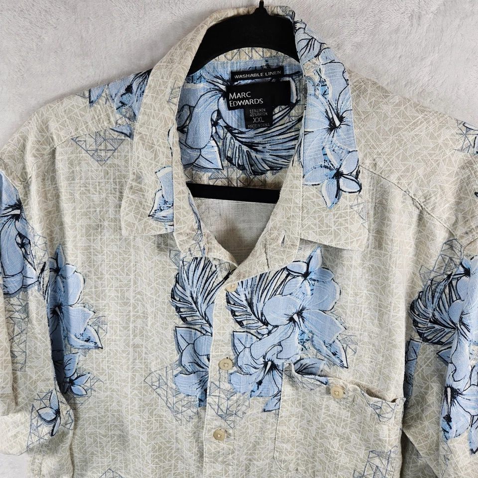 Camisa Hawaiana Marc Edwards Para Hombre XXL Beige Floral Lavable Lino Viaje Vacaciones Foto 3 de 4