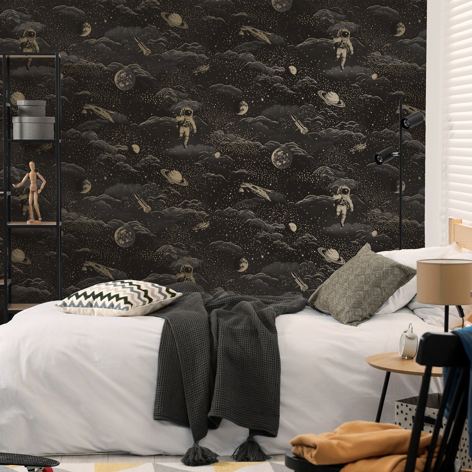 Black Gold Space Wallpaper Metallic Astronauts Moon Stars Kids Feature Bedroom