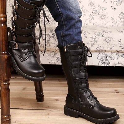 Goth Mens Punk Mid Calf Boots Riding Shoes Motorcycle Combat Lace Up Military A4