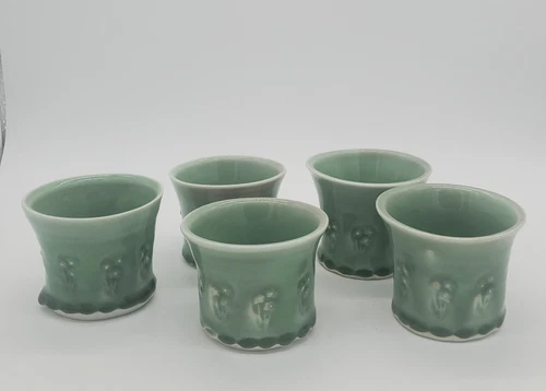 Vintage Handmade Studio Art Pottery Ceramic Cups Teacups Green Set Of 5 Signed K