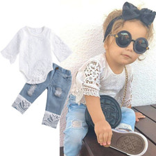 Infant Toddler Baby Girl Summer Clothes Set Romper Bodysuit Denim Pants Outfits