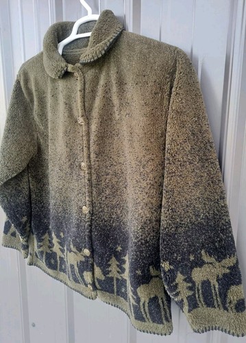Vintage 90s Alps Fleece Teddy Jacket Coat Sz Medium Forest Wolf Bear Moose Green - Picture 2 of 9