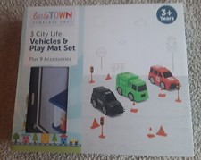 Little Town timeless toys 3 Construction Vehicles & play mat plus 9 accessories
