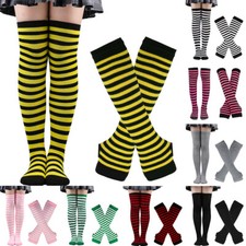 Womens Knit Socks Striped Knee High Socks Arm Warmer Fingerless Gloves Set