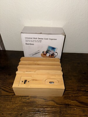Bamboo Universal Multi Device Cord Organizer New Open Box Missing Watch Cradle