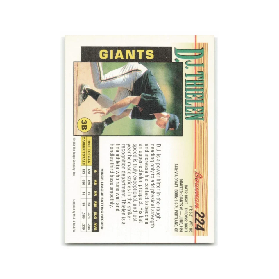 D.J. Thielen Rookie 1993 Bowman #224 San Francisco Giants Baseball Card NM - Image 2 of 3