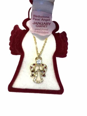 Angel Necklace January Garnet Birthstone Clear & Red Stones 18  Gold Tone Chain