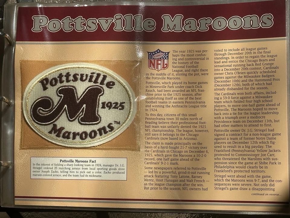 Pottsville Maroons Patch Willabee Ward Golden Age Patch Collection NFL 1925 PA - Image 2 of 3