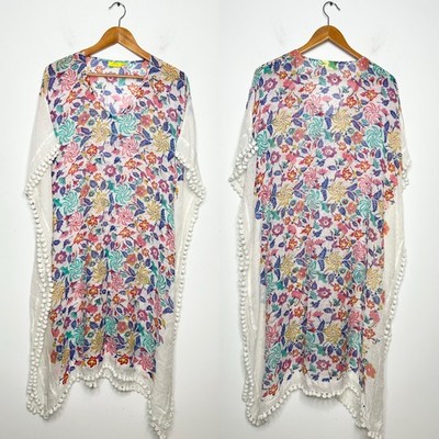 ROLLER RABBIT Swim Coverup Kaftan Womens Size XS Floral Pom Pom Boho Vacation 