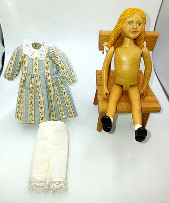 Vintage Robert Raikes 6.5  Wooden Hitty Doll Signed Twice Dress and Pantalooms